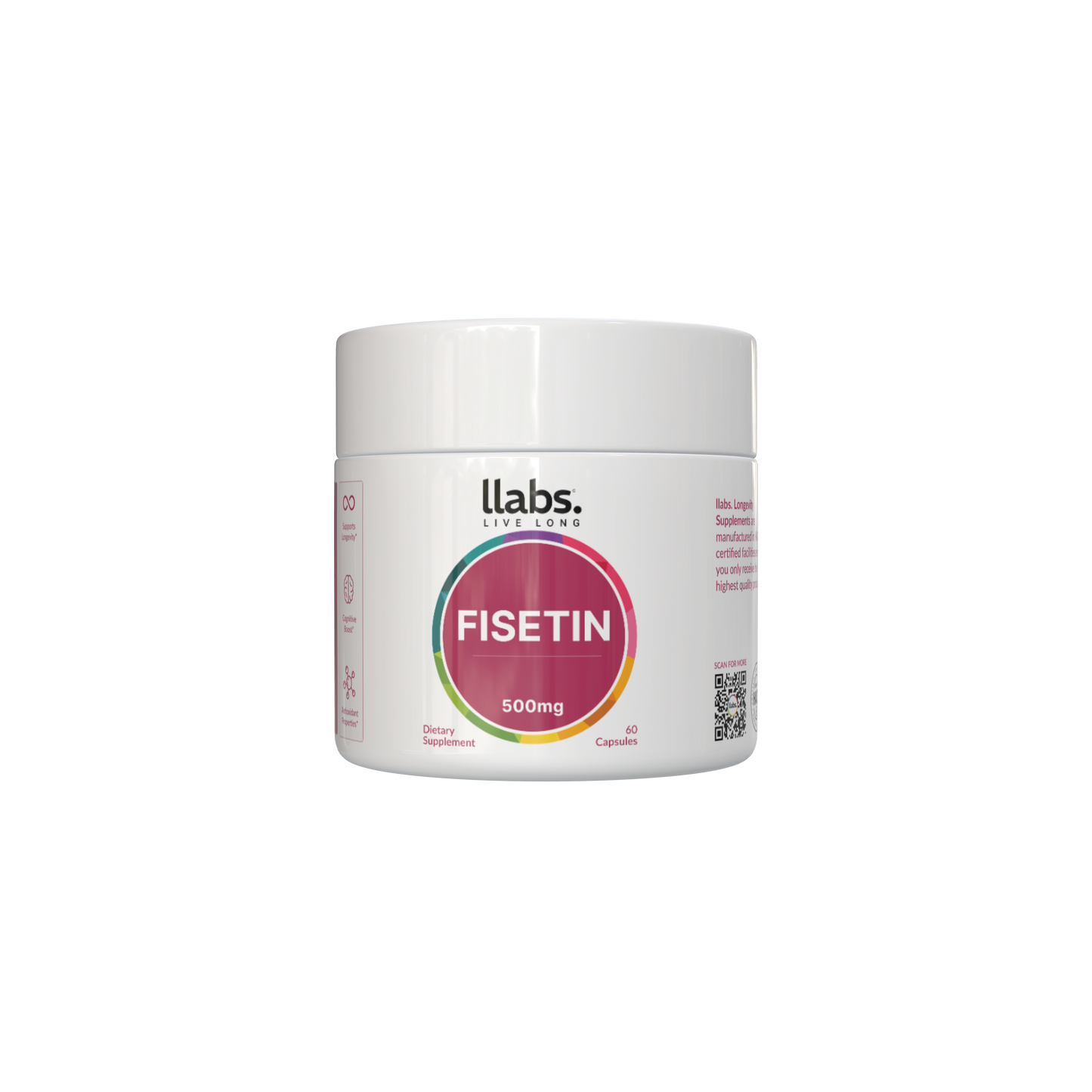 A white jar labeled "π llabs. Fisetin Supplements (100% off)" with 60 capsules, produced by llabs, offers a unique opportunity: Buy X Get Y on your purchase.