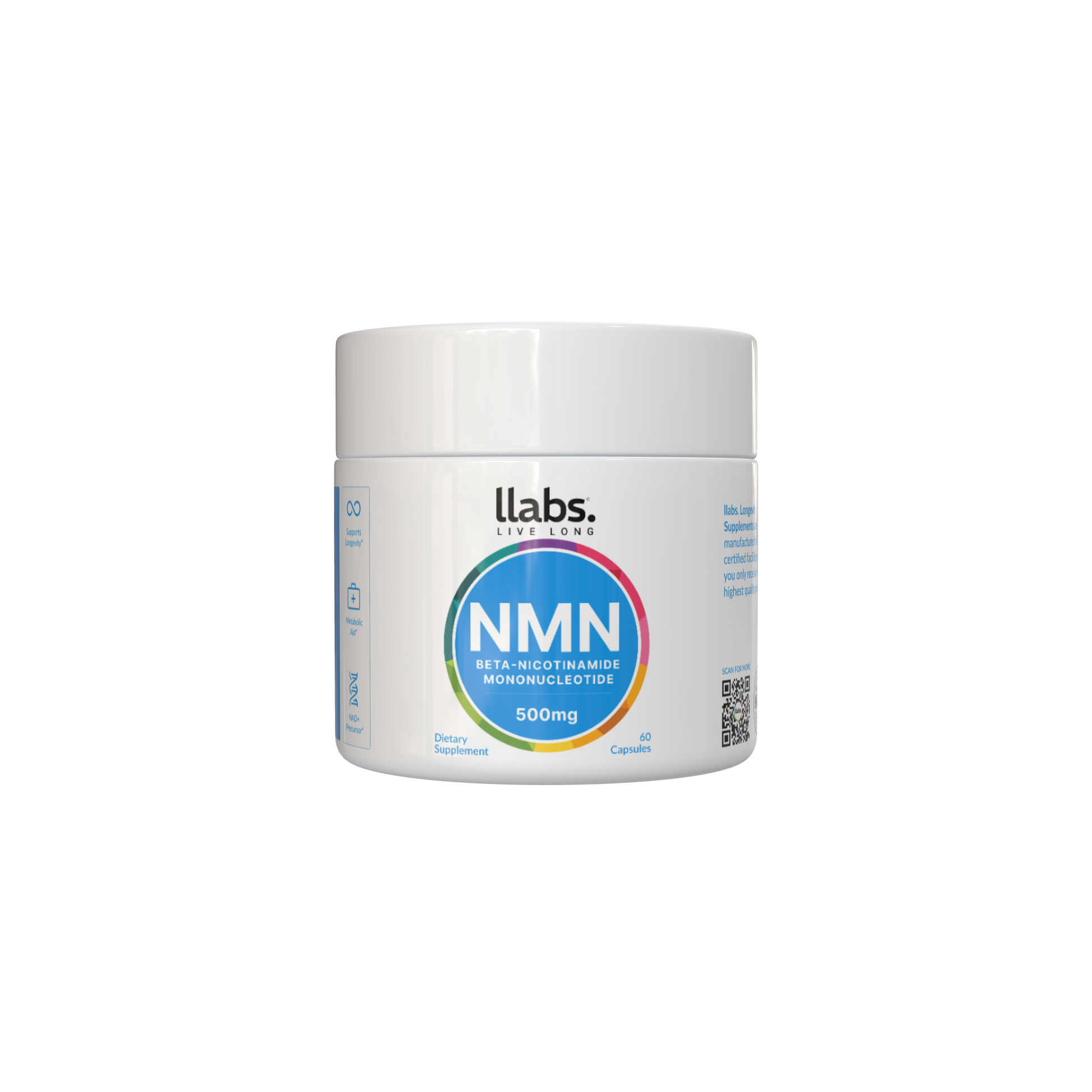 A white bottle labeled "🎁 llabs. NMN Supplement (100% off)" from llabs. delivers a boost in every capsule. Delve into dietary supplement details and scan the QR code for further information. Take advantage of the special BOGOS deal—Buy X, Get Y—and receive a complimentary gift with your purchase.