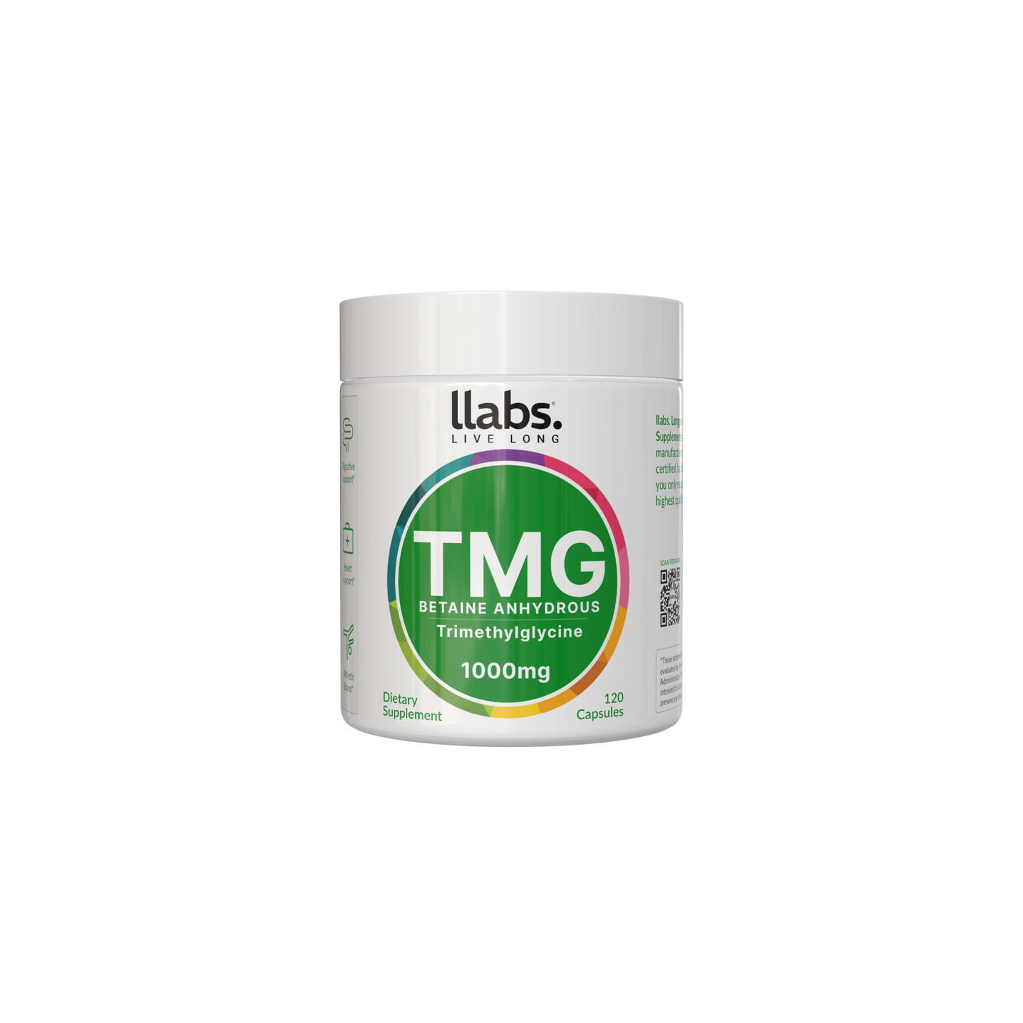 A white container labeled "llabs. TMG Supplement (Betaine) 1000mg" with 120 capsules, classified as a dietary supplement. Adding this llabs. TMG supplement to your daily routine may help enhance your overall well-being.