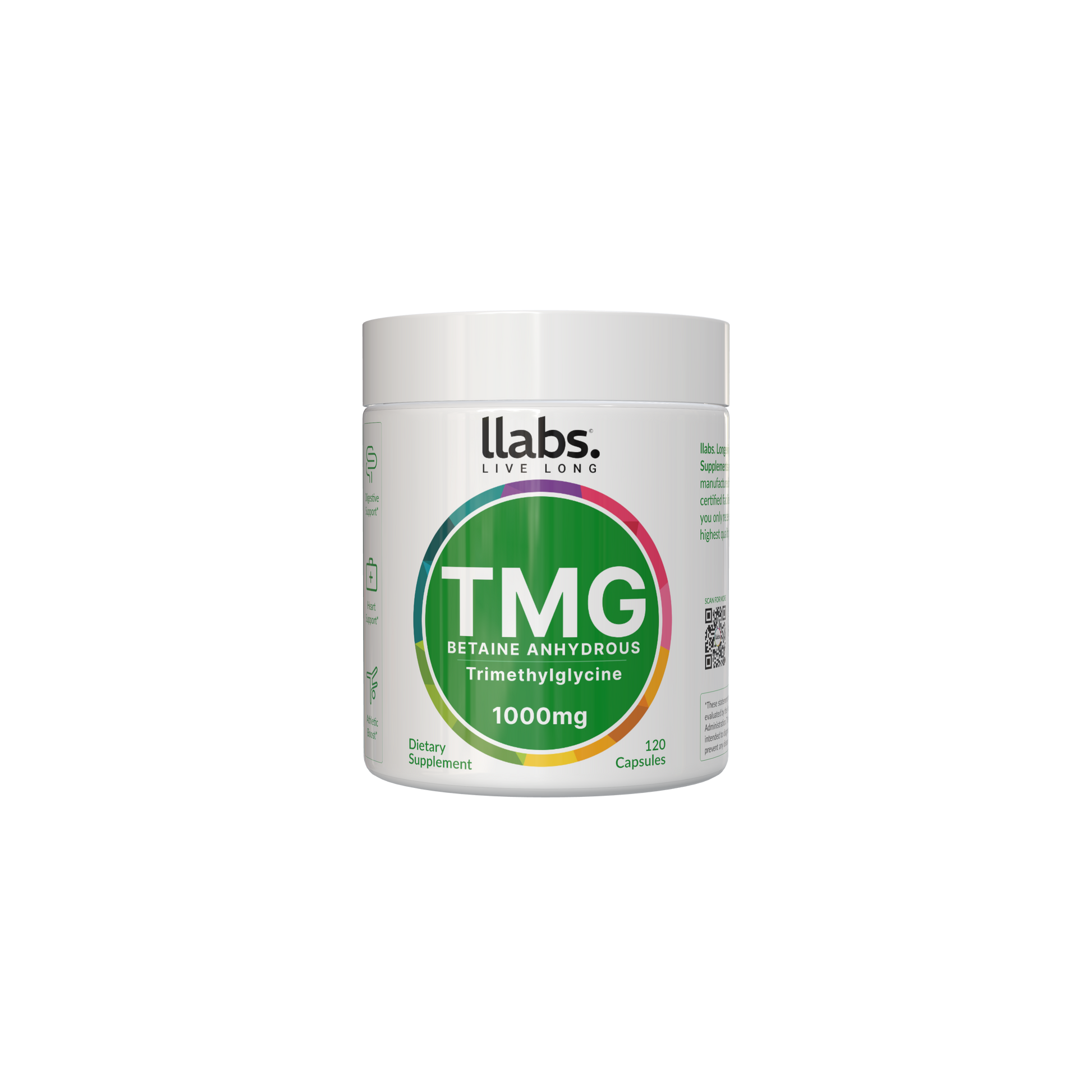 A white container labeled "llabs. TMG Supplement (Betaine) 1000mg" with 120 capsules, classified as a dietary supplement. Adding this llabs. TMG supplement to your daily routine may help enhance your overall well-being.