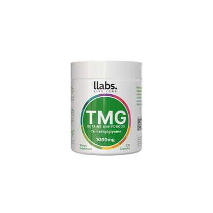 A white container labeled "llabs. TMG Supplement (Betaine) 1000mg" with 120 capsules, classified as a dietary supplement. Adding this llabs. TMG supplement to your daily routine may help enhance your overall well-being.