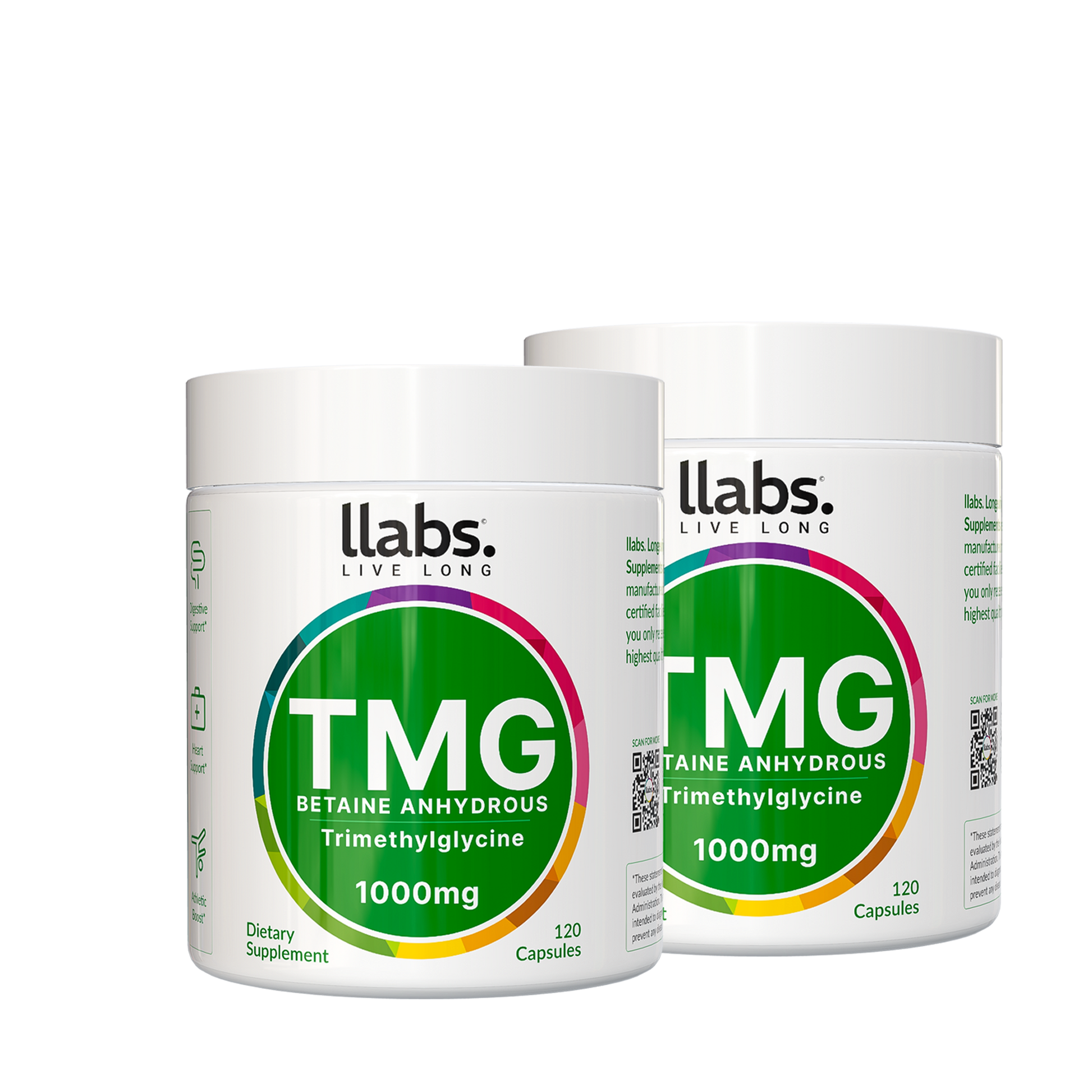 Buy two containers of llabs. TMG Supplement (Betaine), each with 120 capsules of 1000mg, and take advantage of our exclusive BOGOS offer. Ideal for use as a dietary supplement!