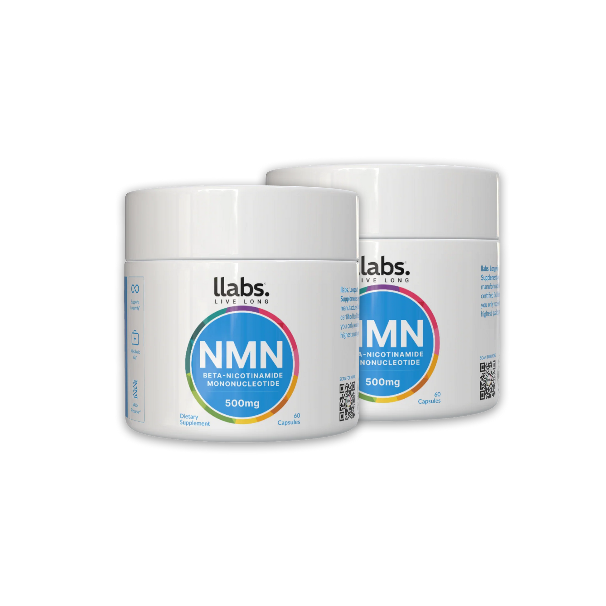 Two containers of llabs. NMN supplement, each with 500mg of beta-nicotinamide mononucleotide, are available. Take advantage of the 🎁 special offer and enhance your wellness routine with this top-quality product.