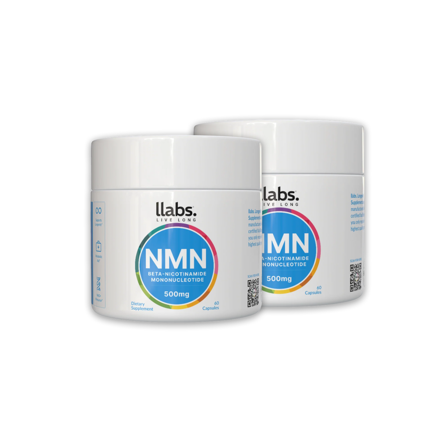 Two white containers of llabs. NMN Supplement, featuring 500mg Beta-Nicotinamide Mononucleotide, stand elegantly on a black background. Don’t miss out on our exclusive BOGOS offer—grab one and receive your next boost of vitality for free!